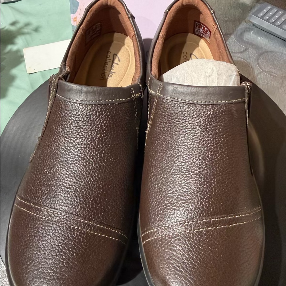 Clarks Dark Brown Leather Slip-On Loafers with Side Zipper Accent